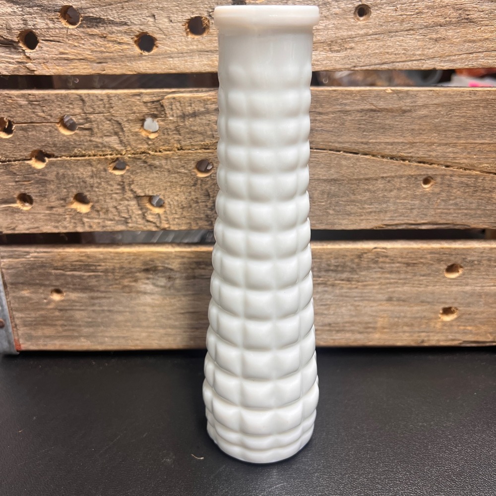 Vintage EO Brody Co Milk Glass Bud Vase White Waffle Pattern 9 Inch USA M-2000